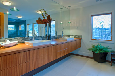 Custom Frameless Mirror with Matching Under-Mirror Tiling